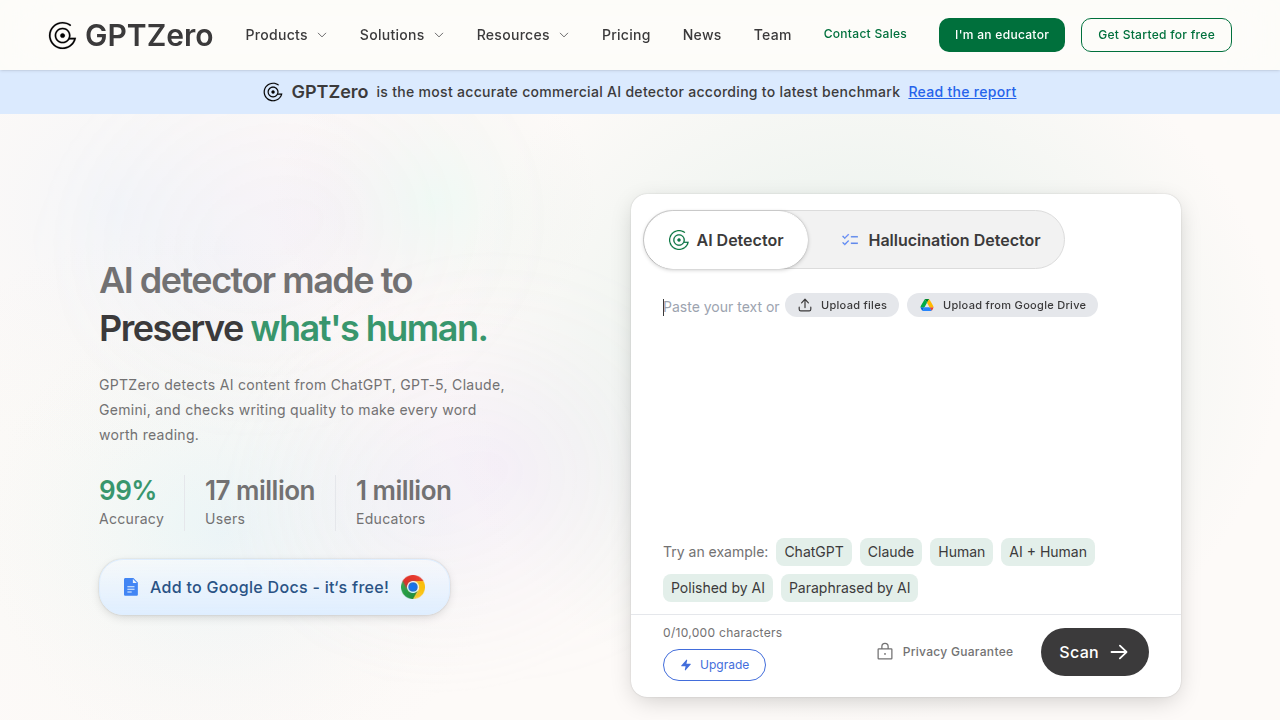 The homepage of GPTZero, an AI detection tool popular among educators.