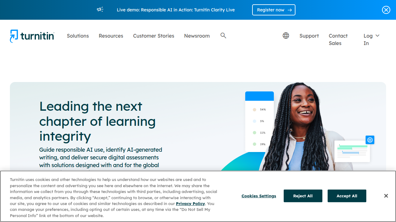 The homepage of Turnitin, a prominent platform for academic integrity and plagiarism detection.