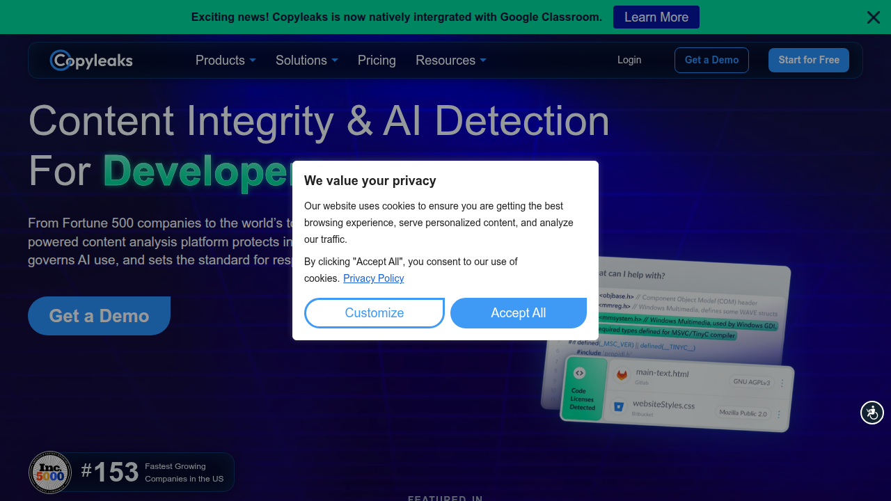 The homepage of Copyleaks, known for its multilingual AI and plagiarism detection capabilities.
