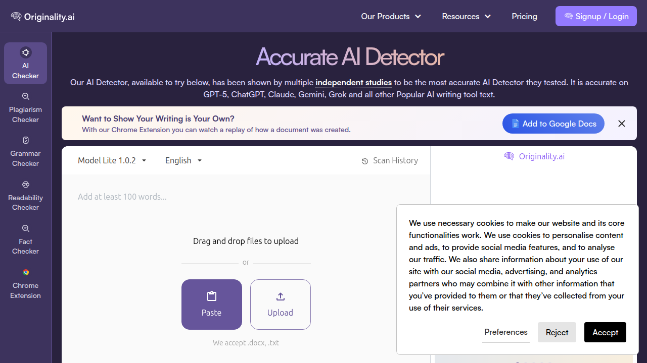 The homepage for Originality AI, a tool designed for verifying content integrity and detecting AI-generated text.