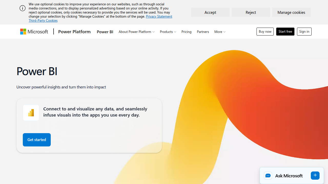 The official Microsoft Power BI website, showcasing its business intelligence dashboards and features.
