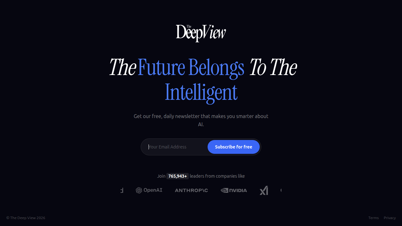 A screenshot of The Deep View Newsletter homepage, where readers can subscribe for daily AI insights to stay updated without information overload.