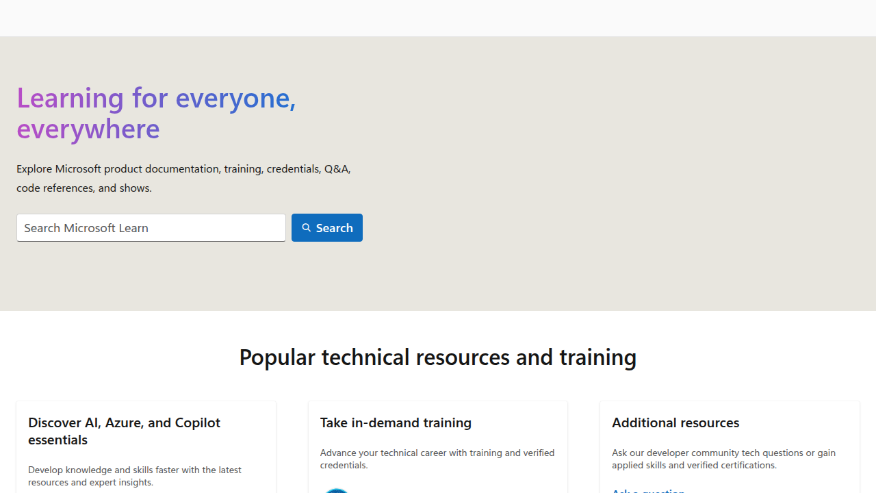 Access learning paths and documentation for Microsoft technologies on Microsoft Learn.