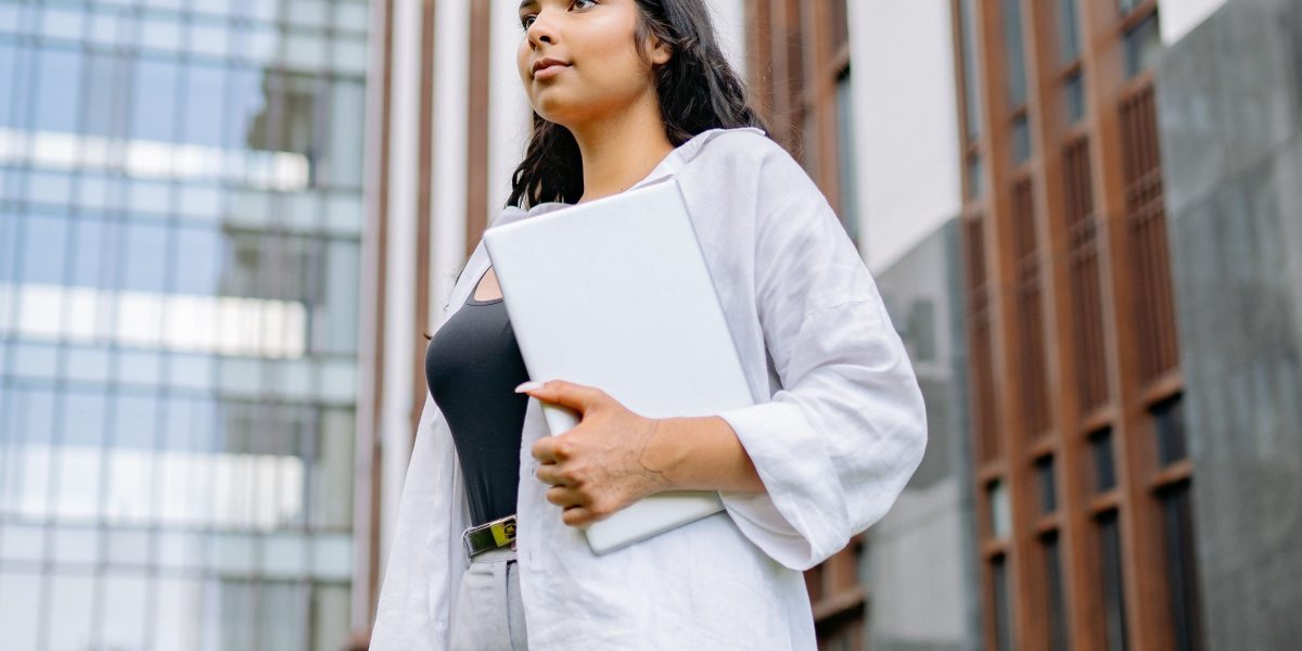 A professional confidently looks ahead, symbolizing career growth and success from acquiring valuable skills.