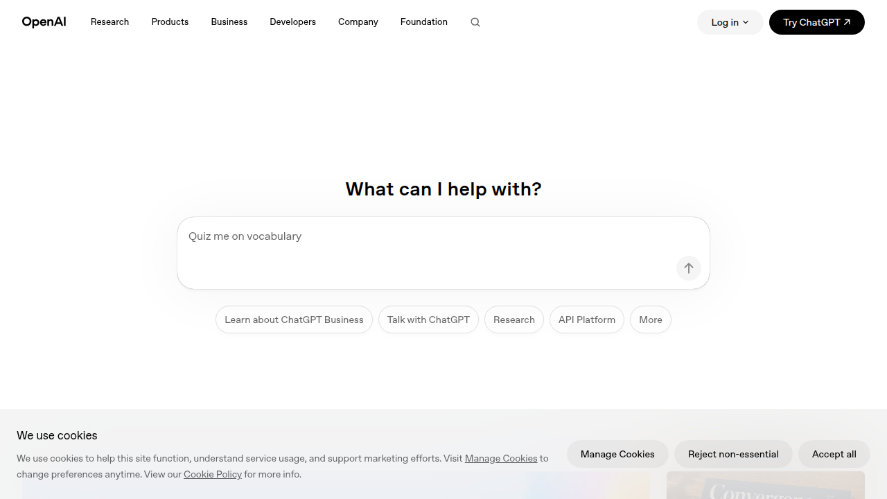 OpenAI's homepage showcasing their diverse AI products and services for various users.