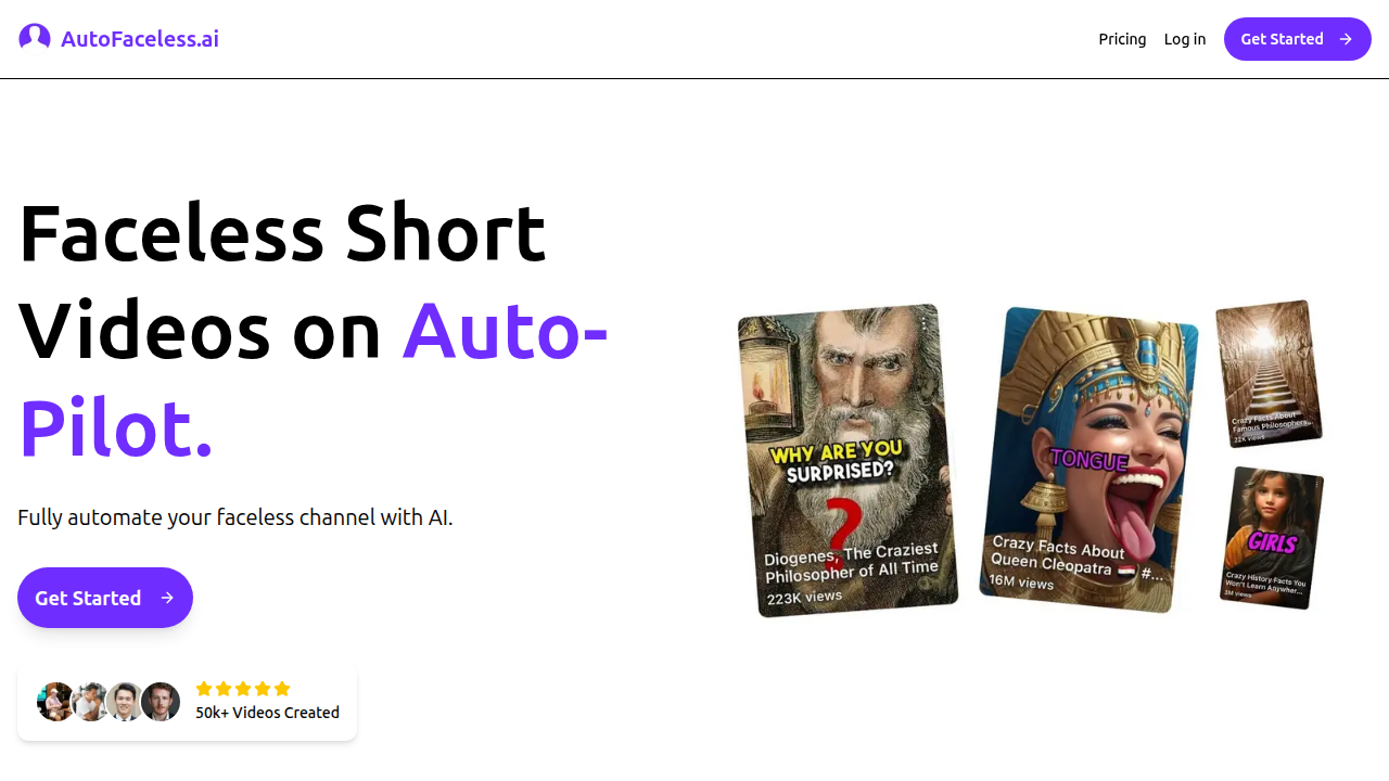 AutoFaceless.ai, a resource for AI automation and video statistics.