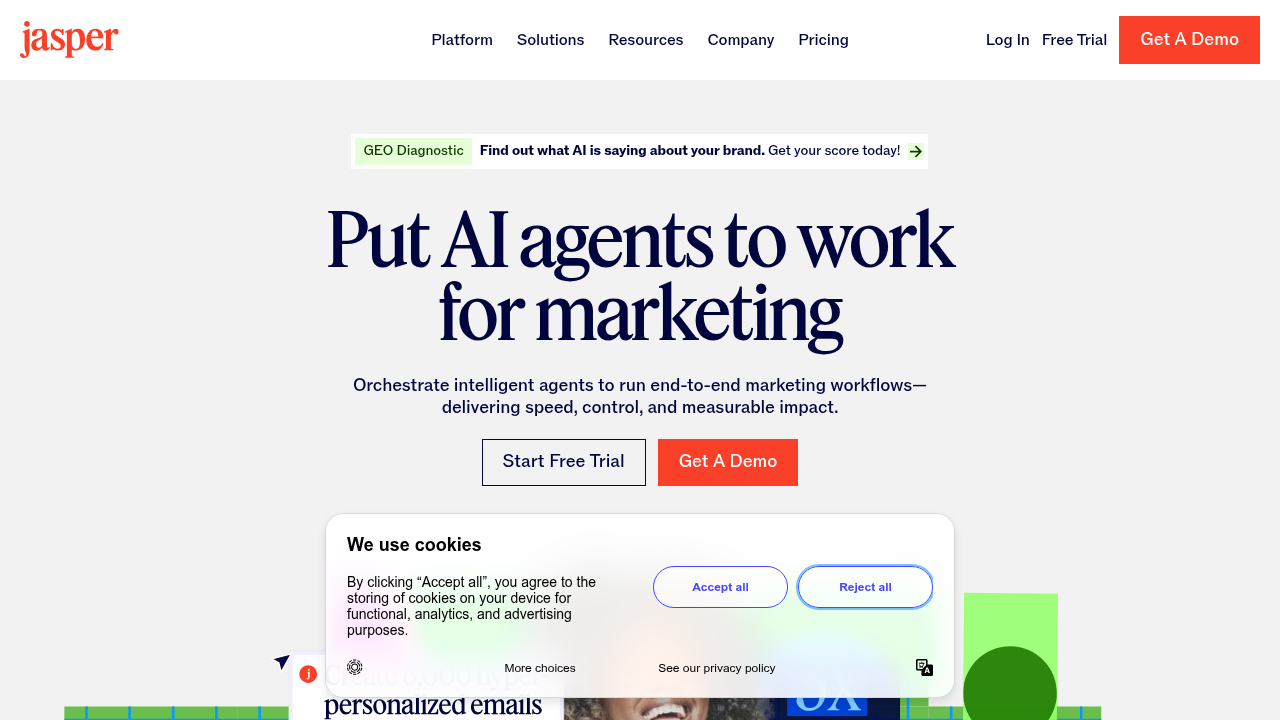 An overview of the Jasper AI platform, showcasing its features for consistent brand voice and marketing content generation.