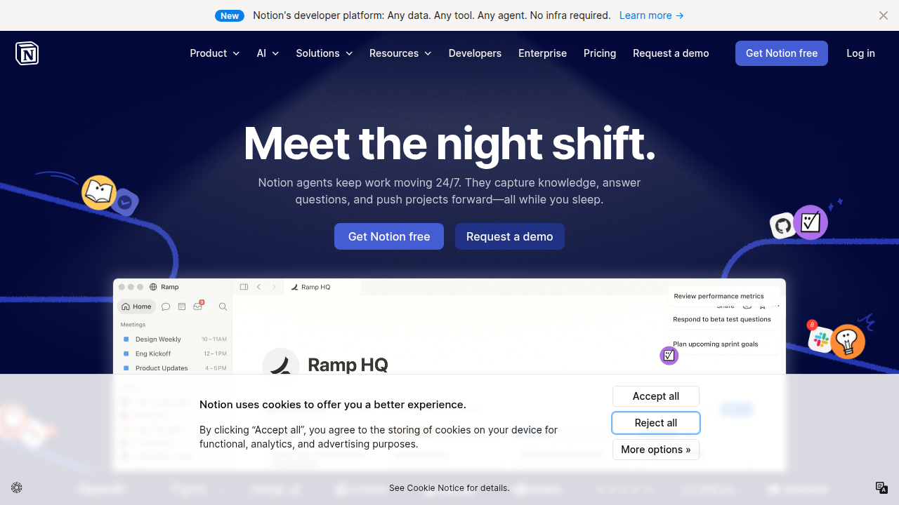 The Notion AI workspace, illustrating its all-in-one capabilities for notes, tasks, and team projects.