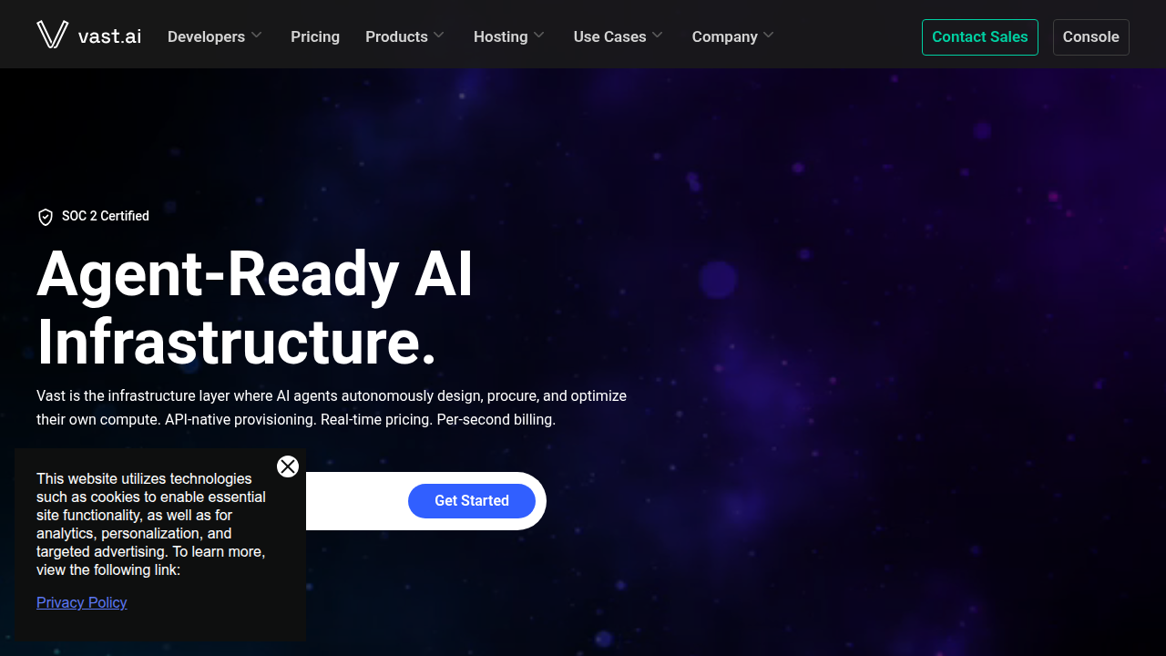 The Vast.ai platform, providing a marketplace for renting affordable GPU compute power for AI model training.