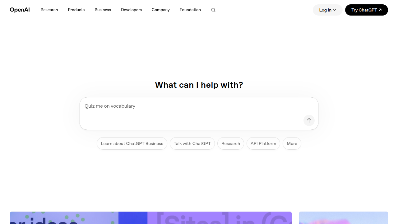 A screenshot of the OpenAI homepage, showcasing their latest models and initiatives in AI development.