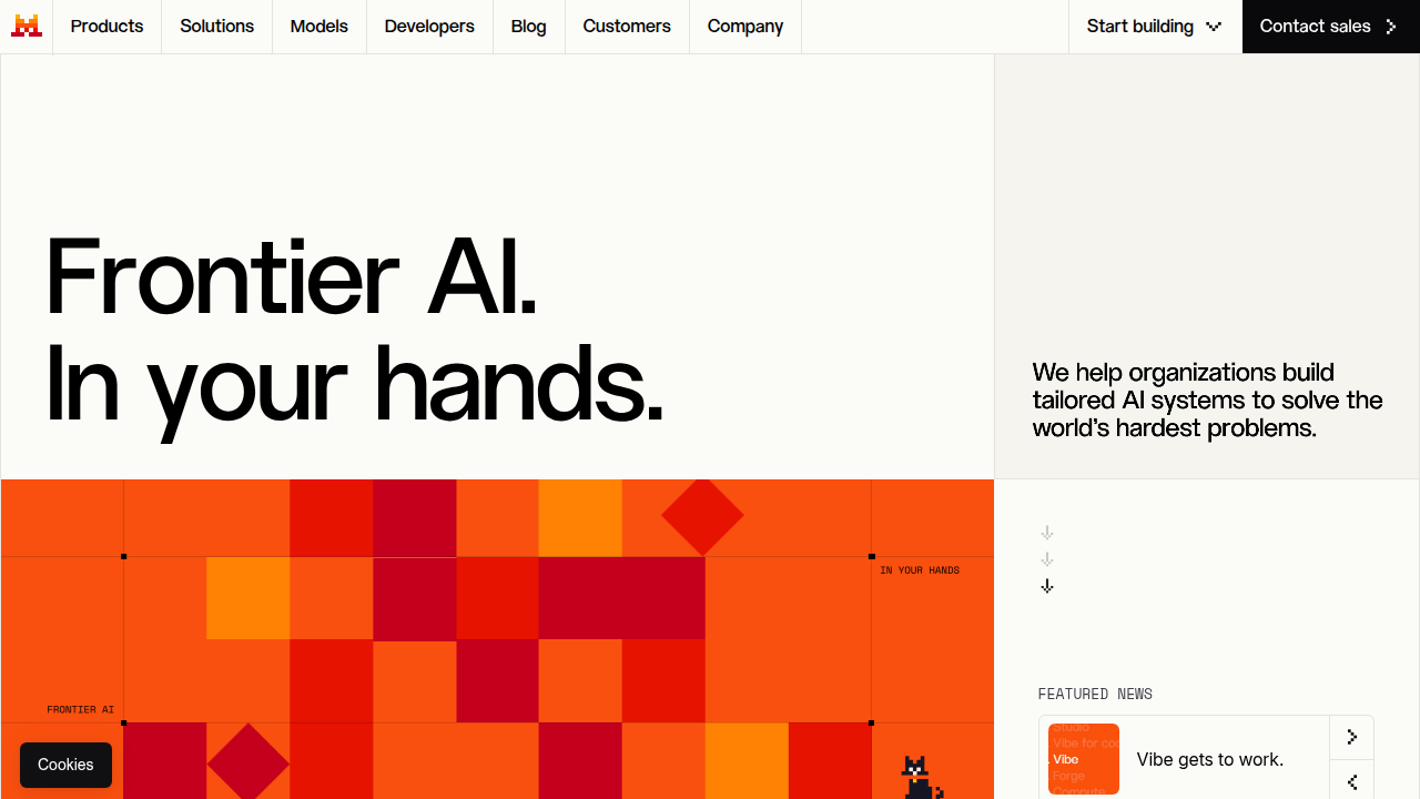 A screenshot of the Mistral AI website, highlighting their open and flexible models from Europe.