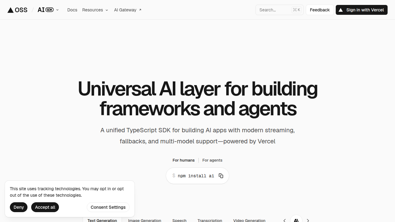A screenshot from the AI SDK documentation, guiding developers on getting started with AI kits.