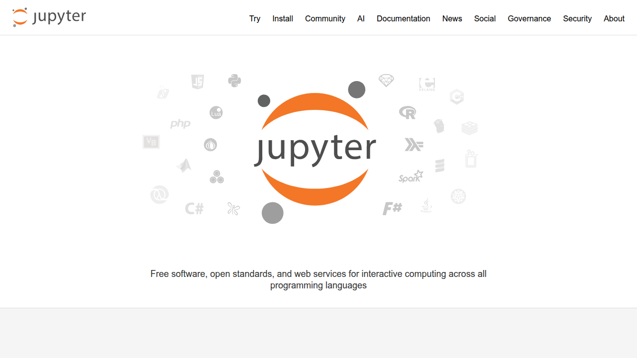 The official website for Project Jupyter, showcasing Jupyter Notebooks as an interactive computing environment.