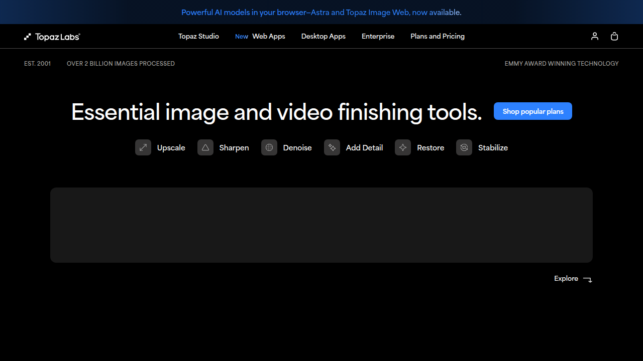 The homepage of Topaz Labs, creators of Topaz Gigapixel AI and other AI-powered photo and video enhancement software.