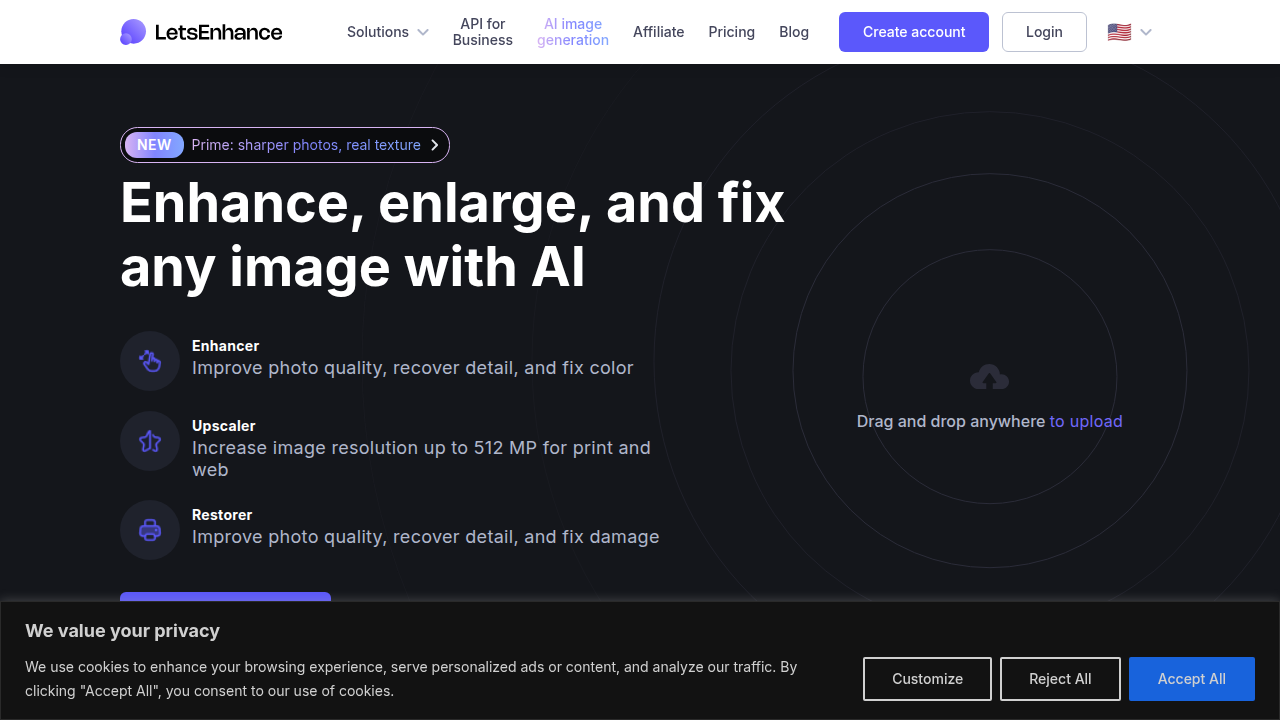 The Let's Enhance homepage, showcasing its AI-powered image upscaling and enhancement services, often used for batch processing.