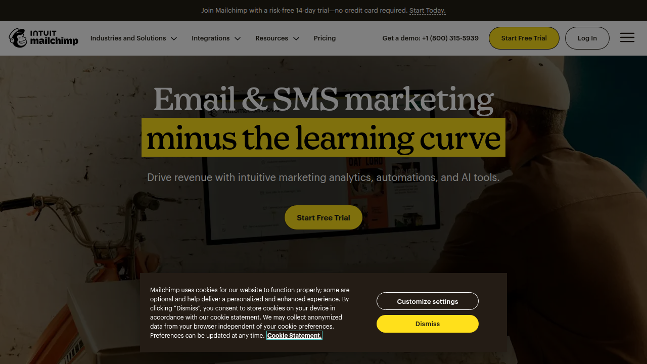 Screenshot of the Mailchimp homepage, a popular email marketing platform with AI features for small businesses.