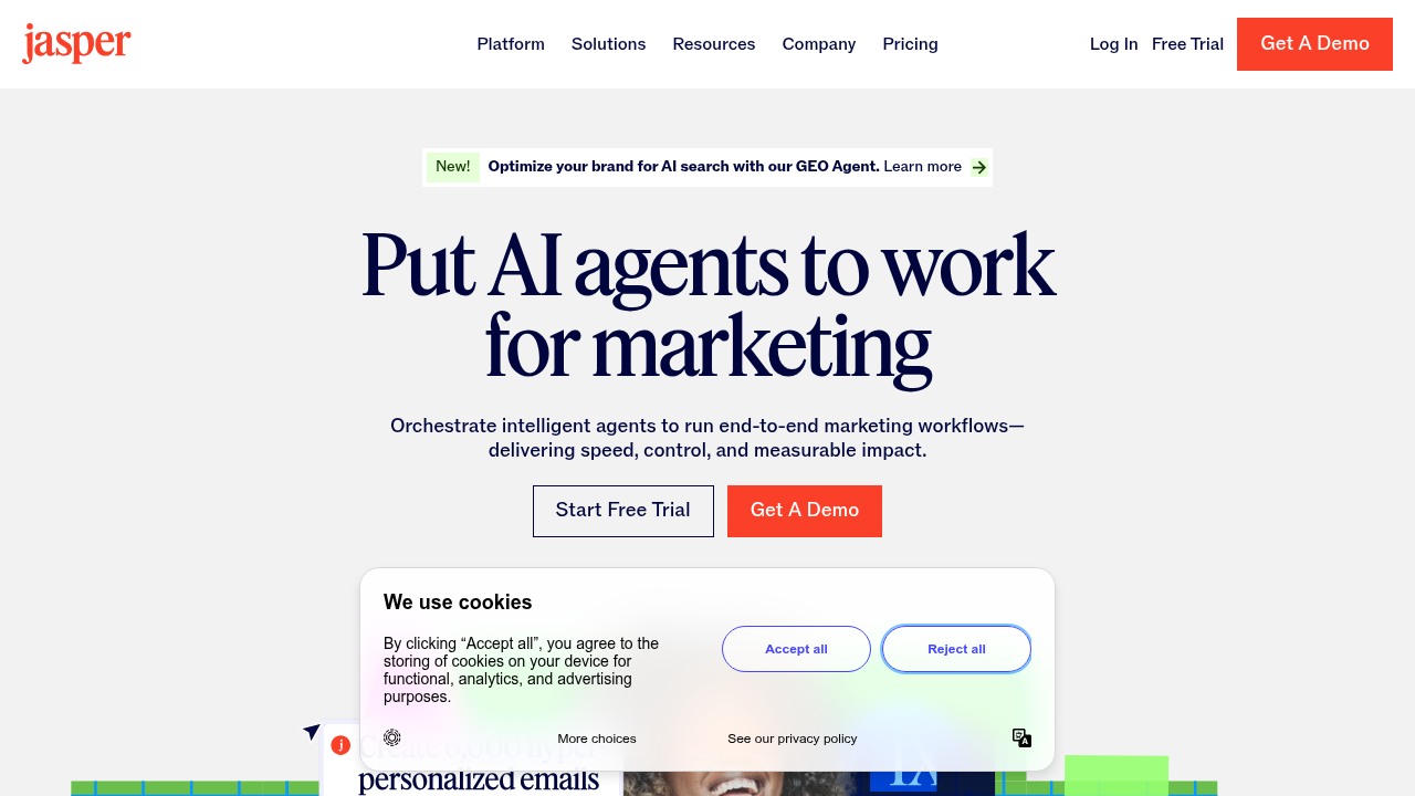 Screenshot of the Jasper AI homepage, a platform designed for AI-powered content creation.