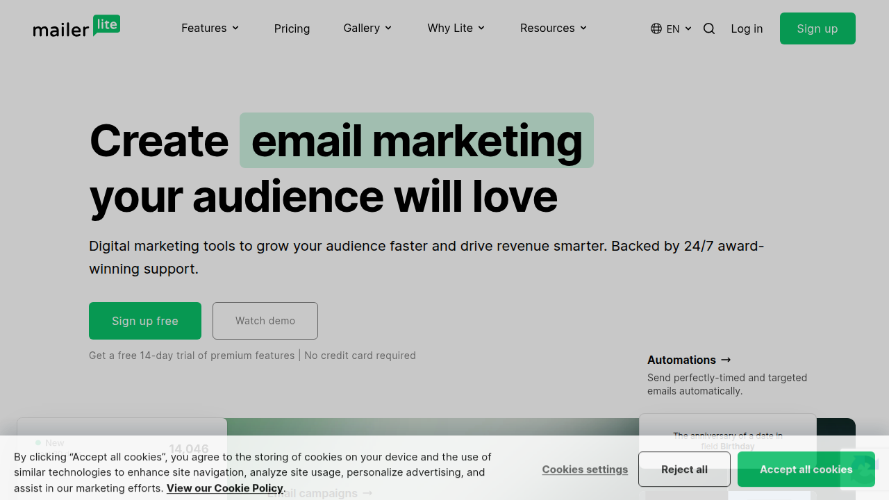 MailerLite's homepage, showcasing an example of an AI-integrated newsletter platform that connects with various tools.