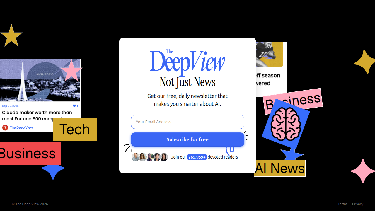 Screenshot of The Deep View newsletter subscription page, offering daily AI insights to stay informed.