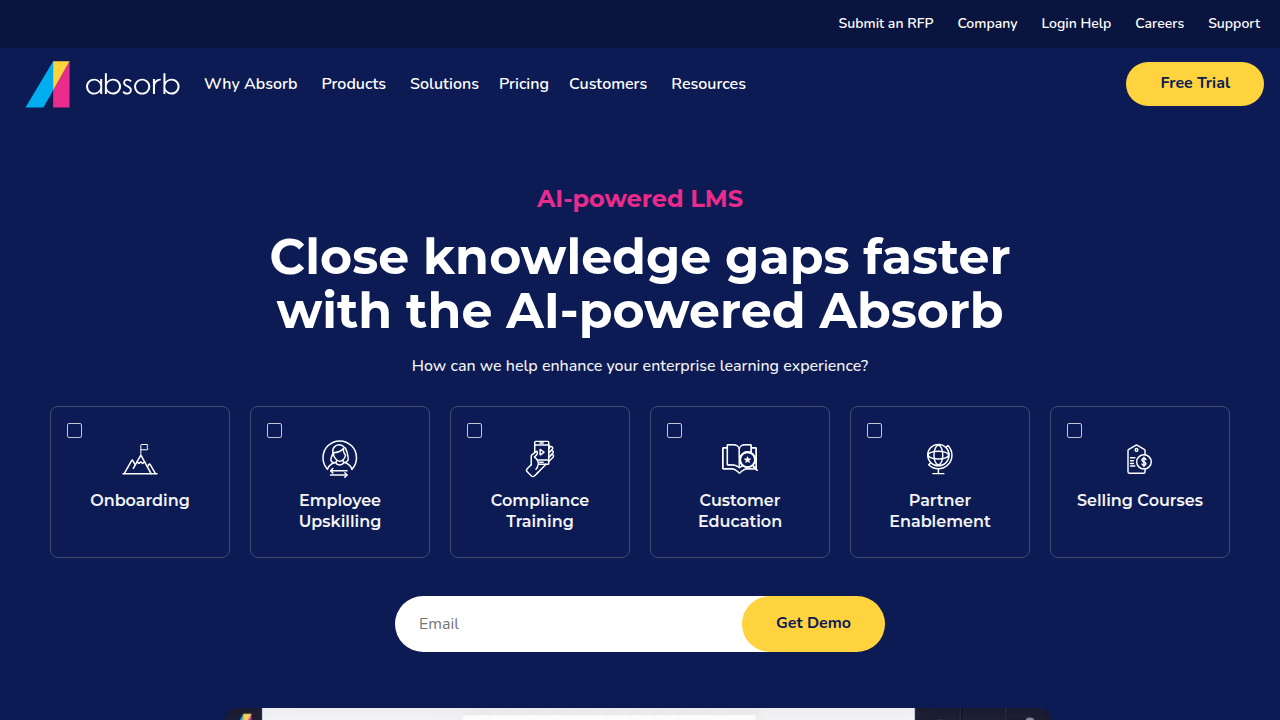 Screenshot of the Absorb LMS homepage, a prominent AI-powered learning platform mentioned in the article.