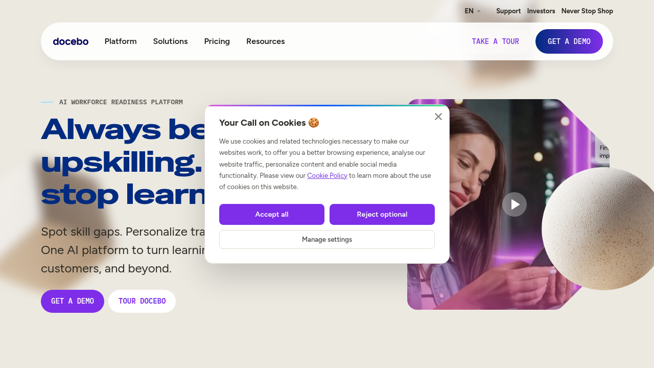 Screenshot of the Docebo homepage, highlighting a platform known for features like Harmony Search.