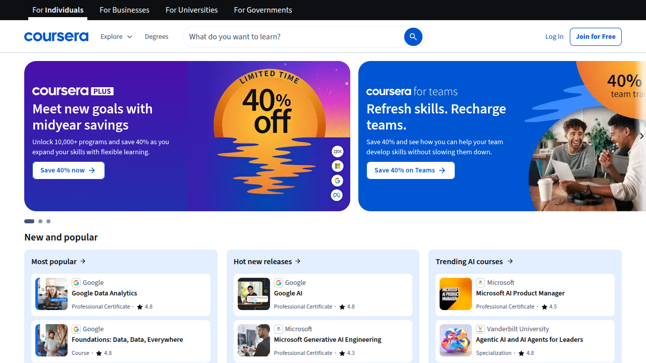 Screenshot of the Coursera homepage, a popular platform for individual and small to medium team learning.