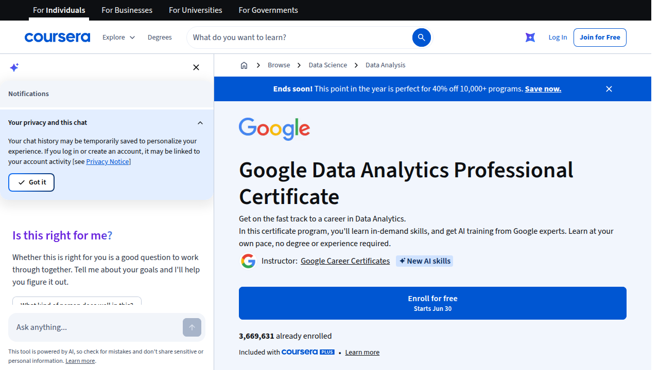 The Google Data Analytics Professional Certificate page on Coursera details curriculum, cost, and estimated time to complete the program.