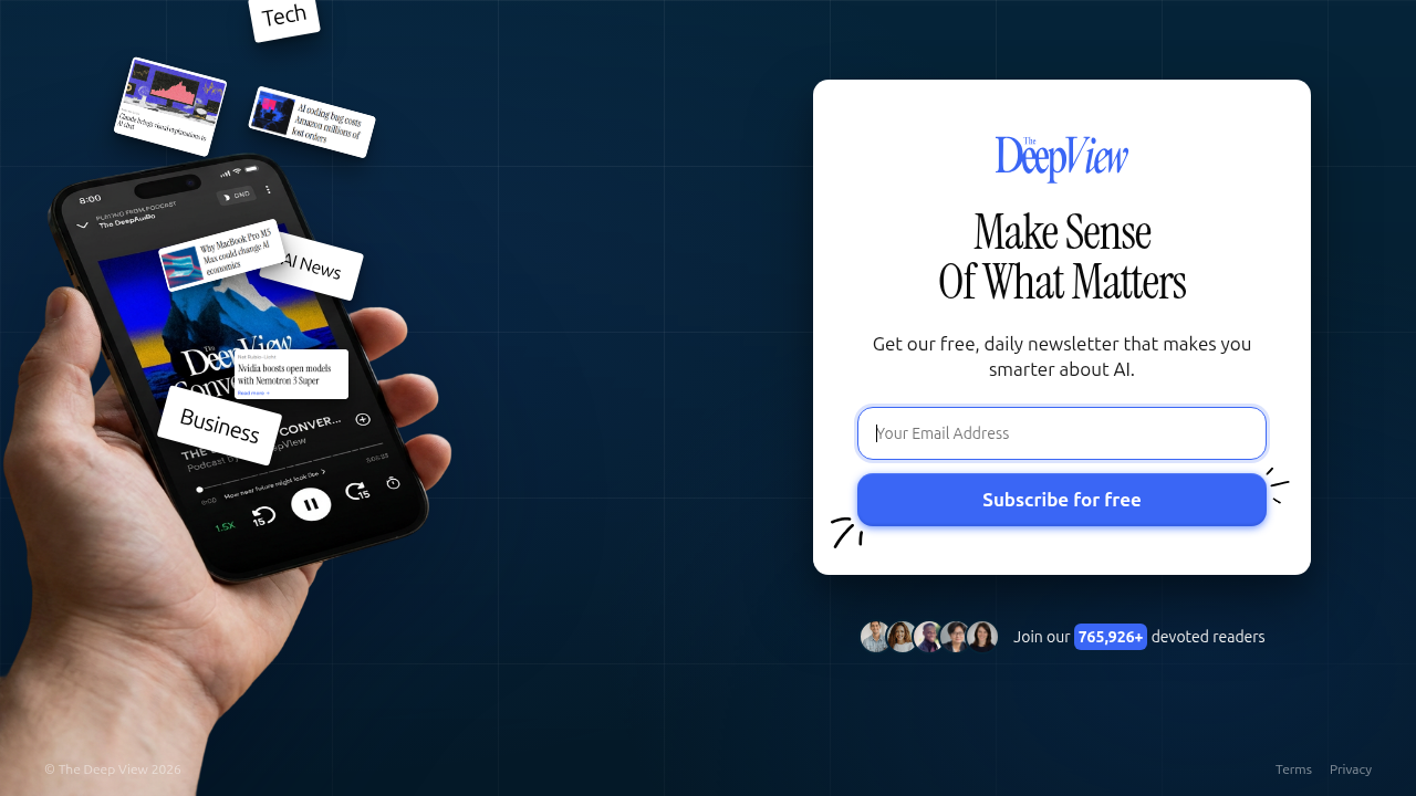 A screenshot of The Deep View Newsletter's subscription page, highlighting its focus on daily AI insights.