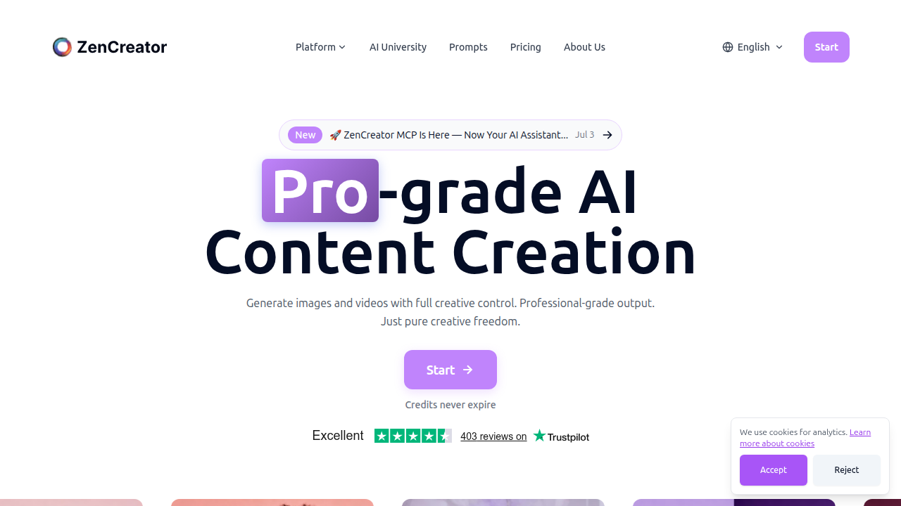 ZenCreator's homepage, showcasing its features as a leading uncensored AI image generator known for quality and speed.