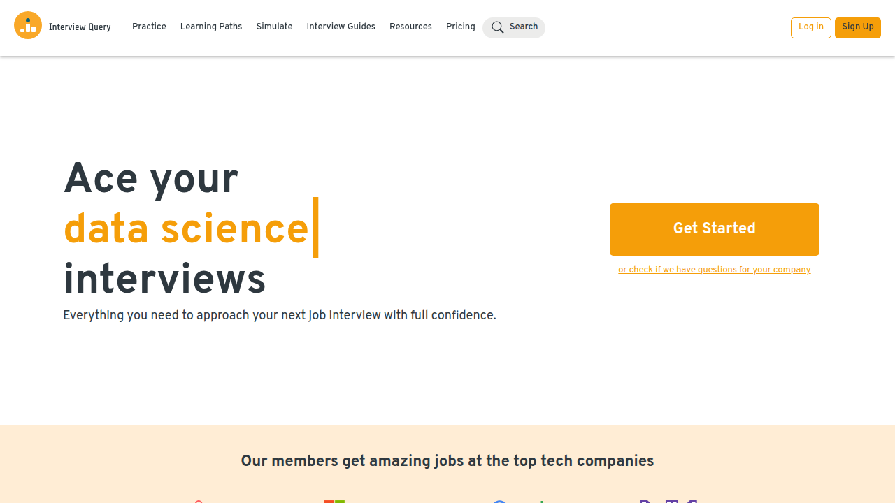 Screenshot of the Interview Query homepage, a platform focused on interview preparation and career roadmaps.