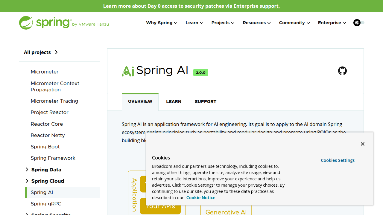 The official Spring AI project page, highlighting its mission to unify AI integration for Java developers.