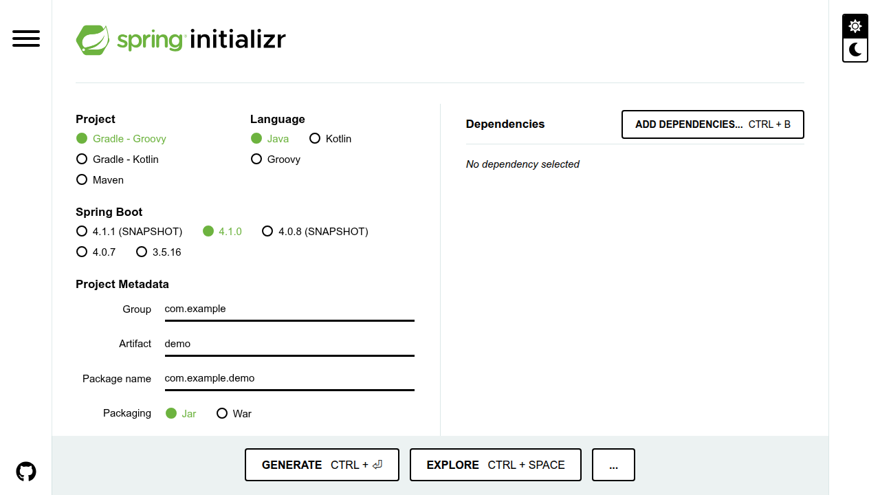 The Spring Initializr website, demonstrating how to quickly generate a new Spring Boot project with Spring AI.