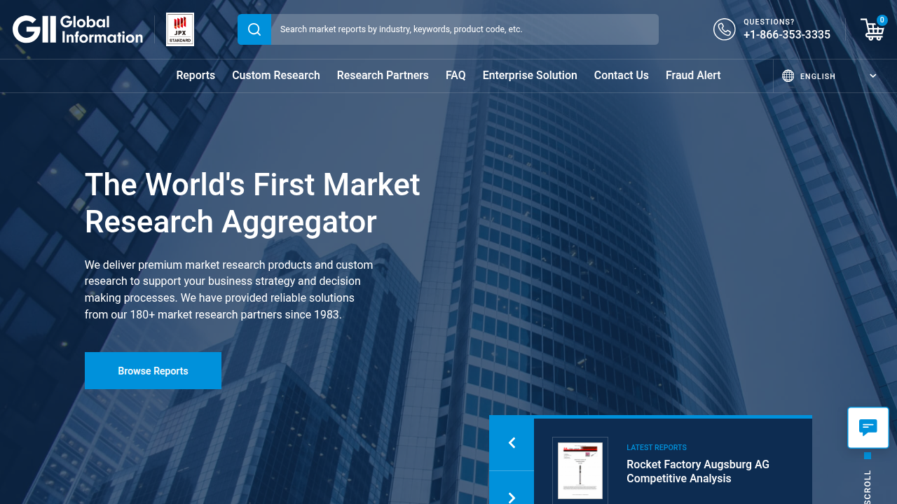 Screenshot of GII Research homepage, a source for global market reports, reflecting the growth of AI-powered newsletters.