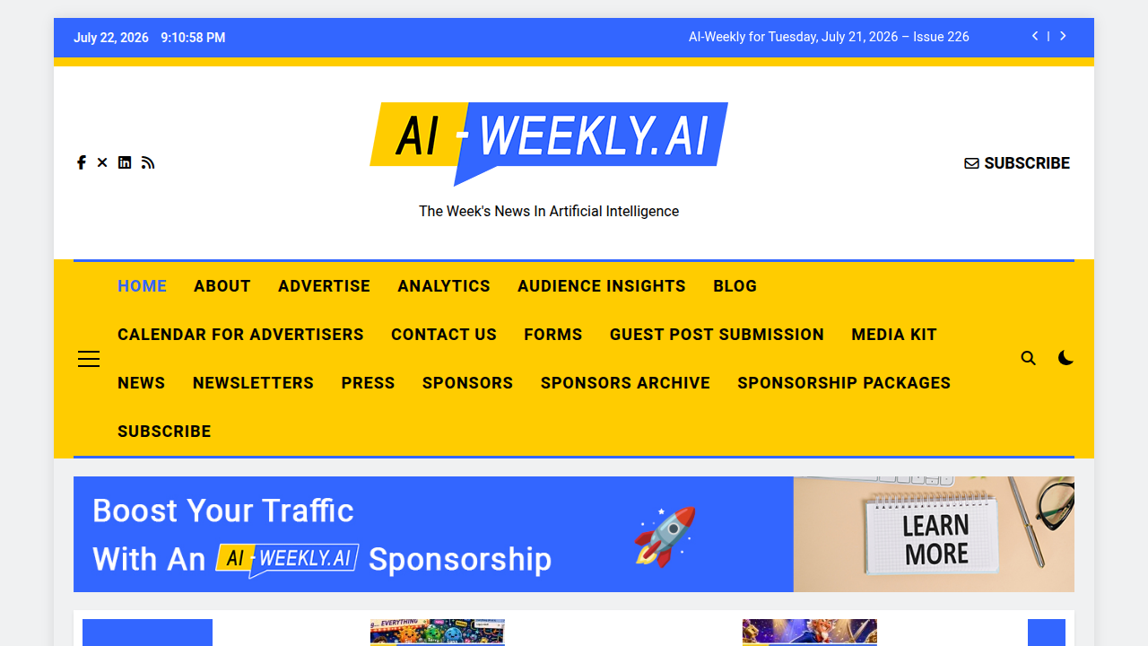 Screenshot of AI-Weekly's homepage, an example of a specialized AI newsletter.