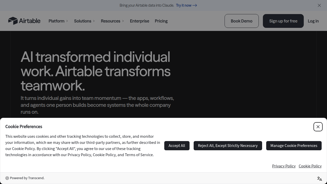 Airtable's homepage, showcasing its smart database capabilities for organizing various types of work and information.