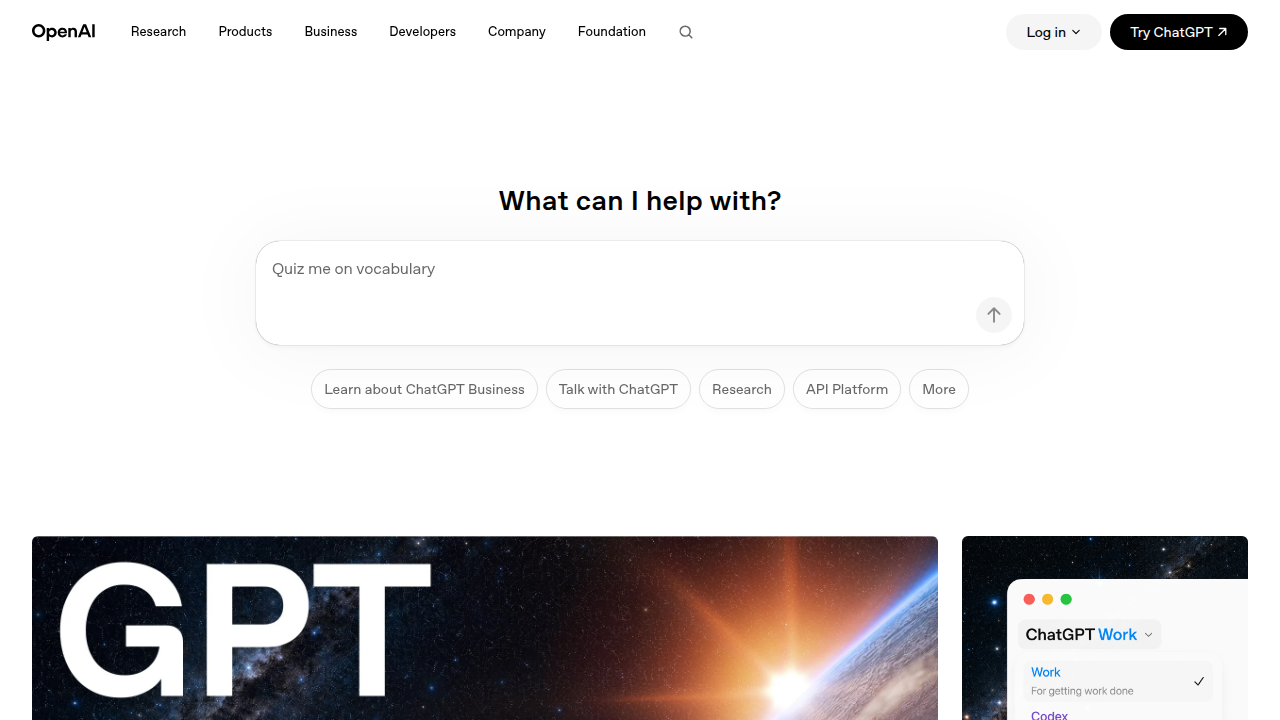 The OpenAI homepage, representing a leading generative AI platform that can be integrated with Airtable via APIs for advanced workflows.