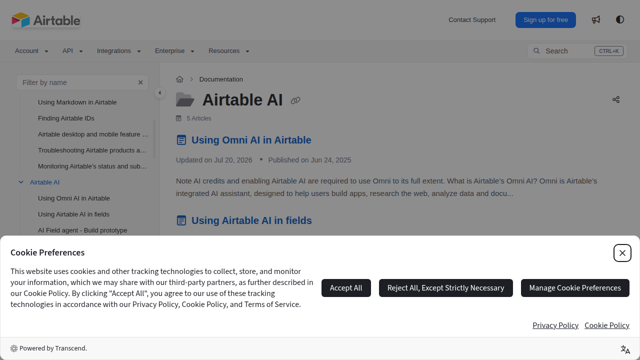 A screenshot of Airtable's official support documentation for its AI features, providing guidance on integration and usage.