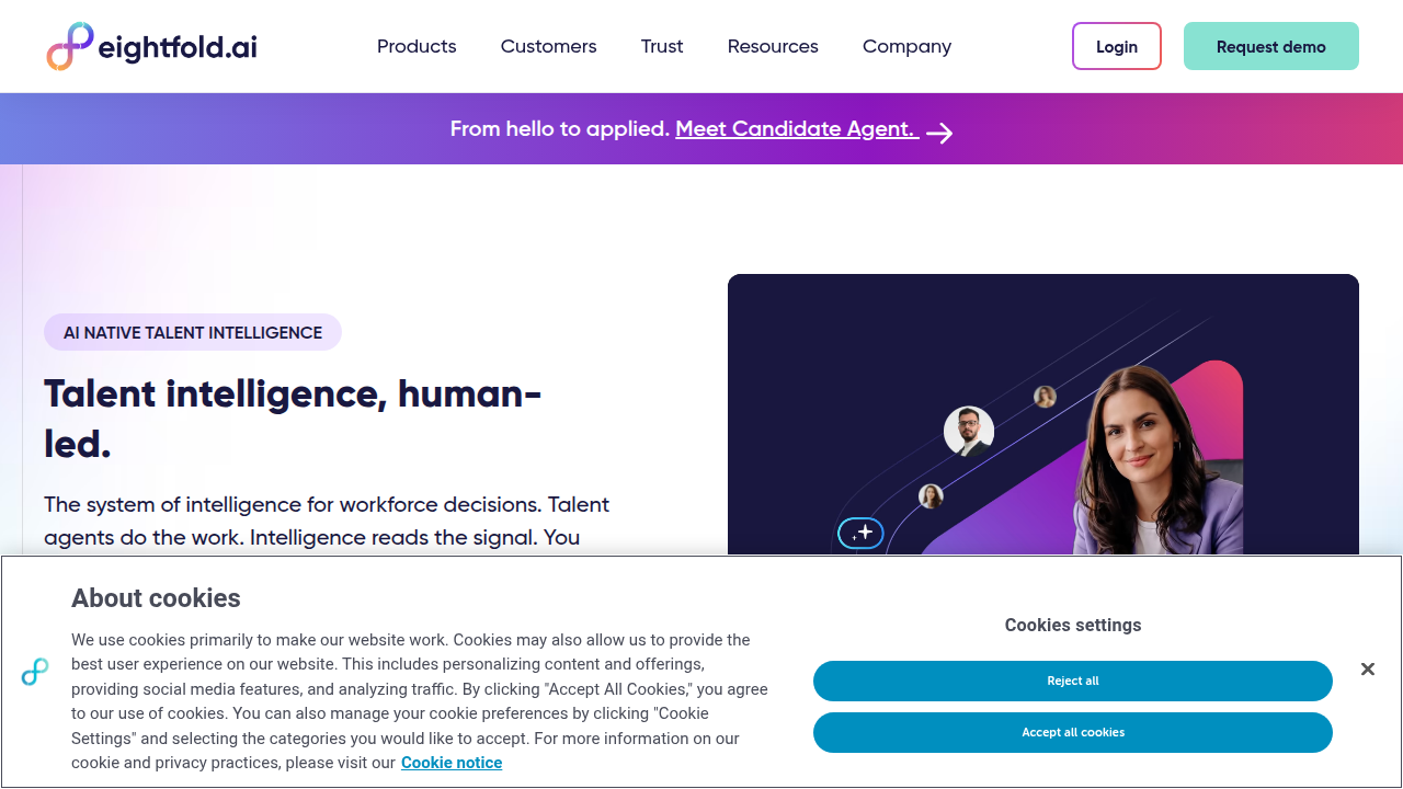The homepage of Eightfold AI, showcasing their talent intelligence platform.