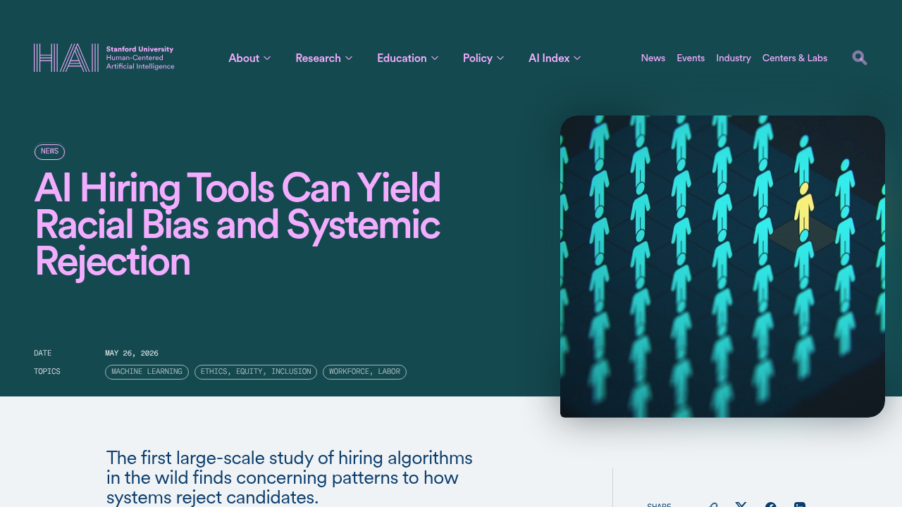 Research from Stanford HAI highlighting the potential for racial bias in AI hiring tools.