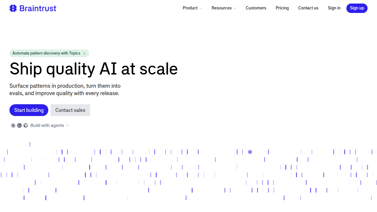 Screenshot of the Braintrust homepage, a platform offering resources for AI evaluation tools and best practices.