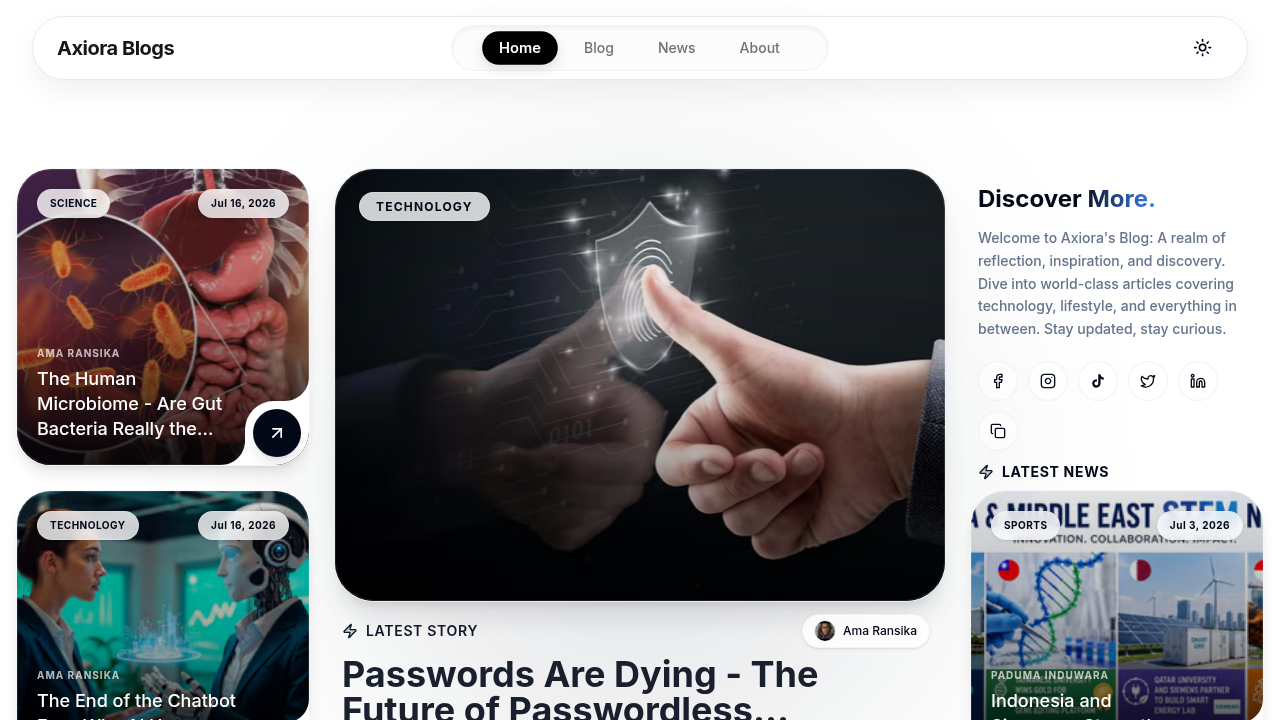 Screenshot of Axiora Blogs, a resource covering insights into AI models and technology trends.