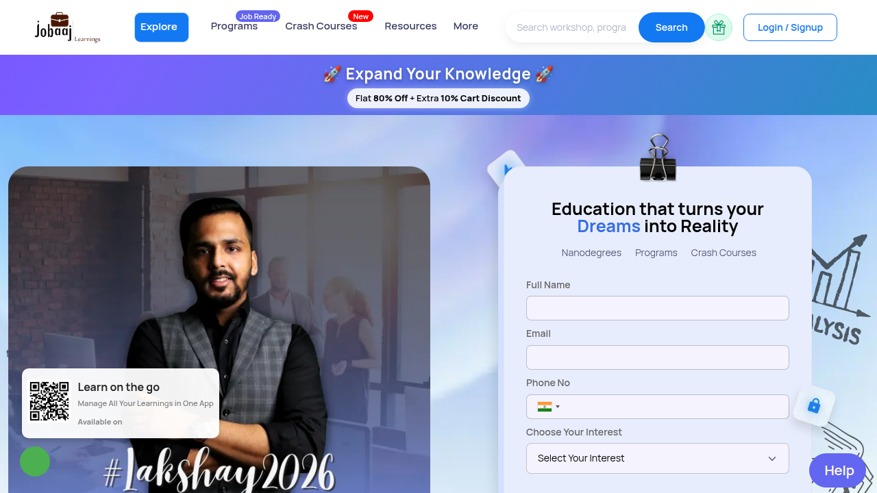 A screenshot of Jobaaj Learnings website, focusing on essential data analytics skills.