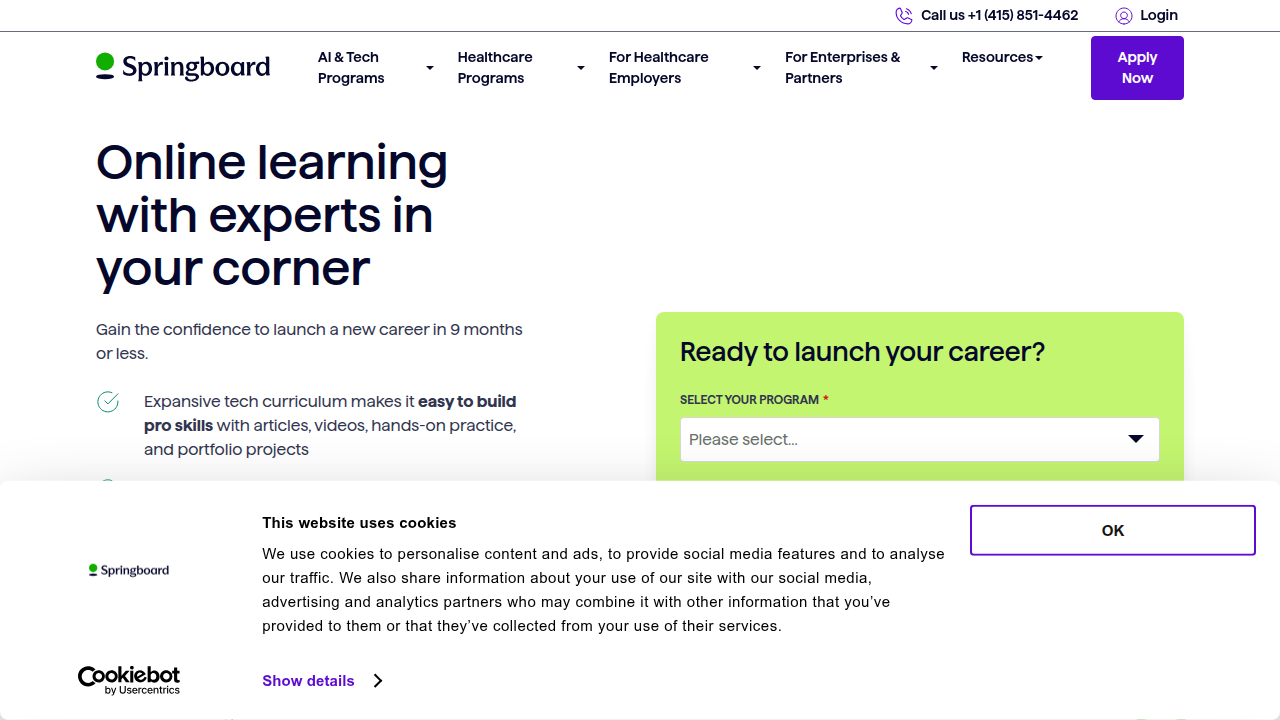 A screenshot of Springboard's website, featuring their online data analytics bootcamp.