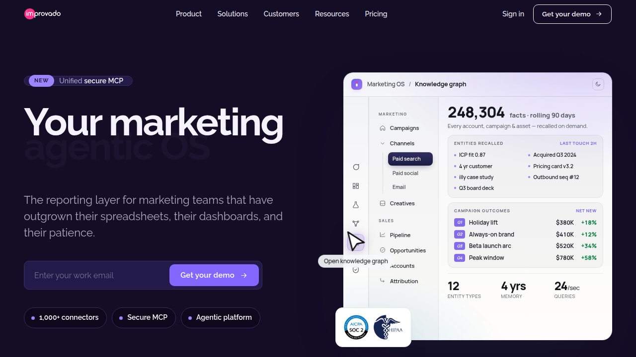Screenshot of the Improvado homepage, a platform offering analytics integration and optimization tools for various data sources.