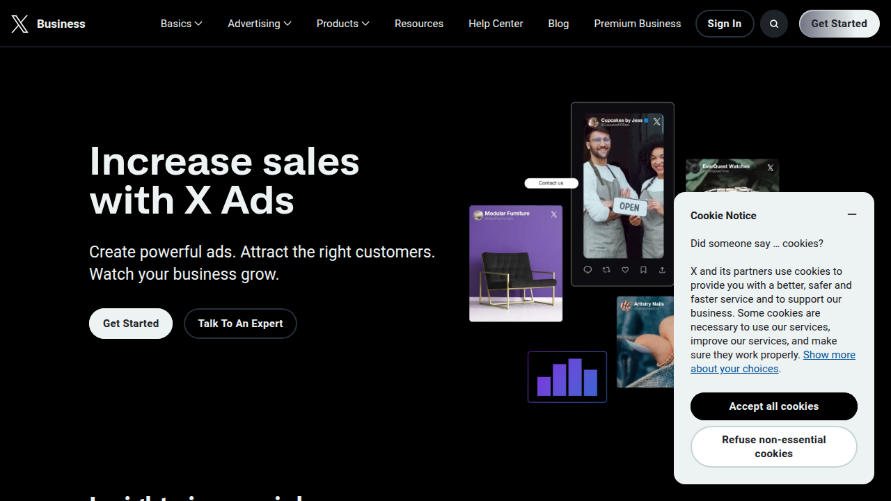 Screenshot of the official X Business Analytics interface, demonstrating core metrics tracking for posts and advertising campaigns.