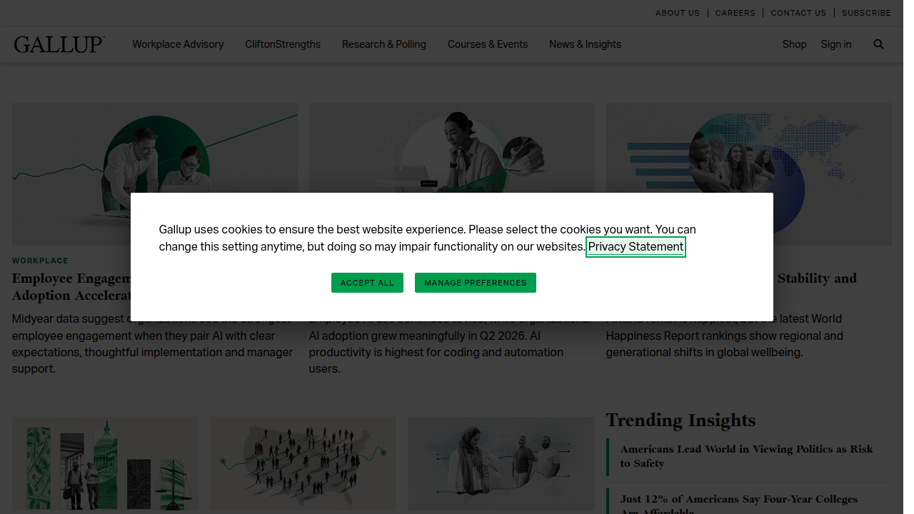 A screenshot of the Gallup website, featuring research on AI adoption and its impact on workforce productivity.