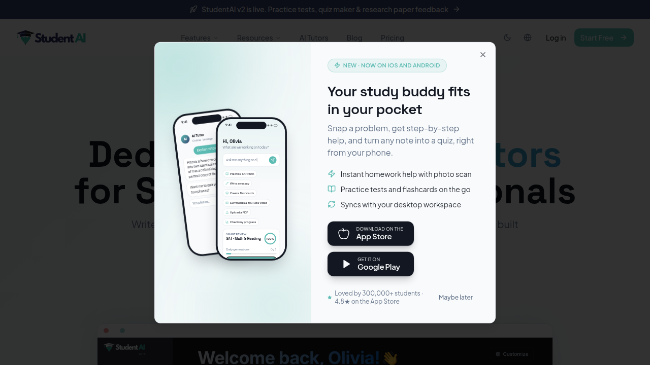 A screenshot of the StudentAI.app homepage, an example of an AI tutor and practice buddy tool.