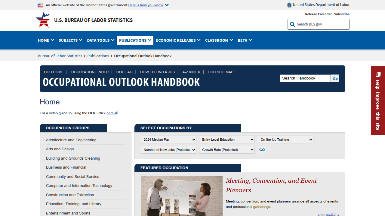 Screenshot of the Bureau of Labor Statistics (BLS) Occupational Outlook Handbook homepage, a source for job growth projections.