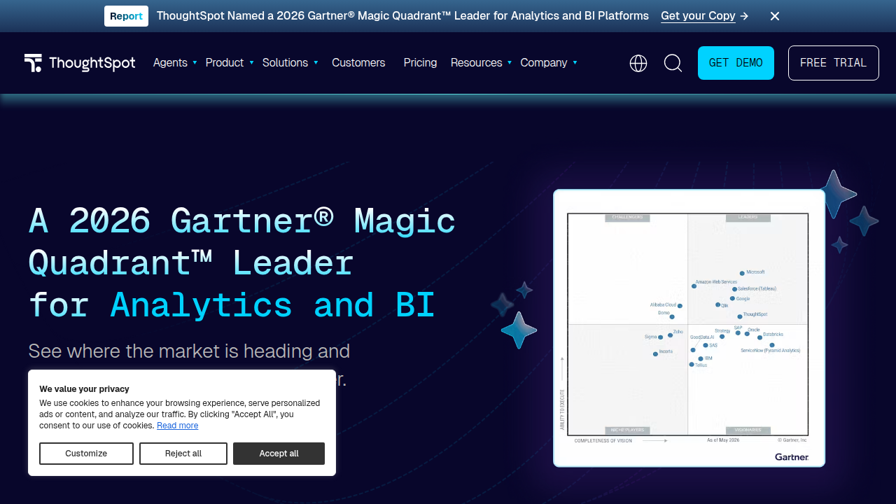 Screenshot of ThoughtSpot's homepage, a data analytics company that publishes AI statistics and trends reports.