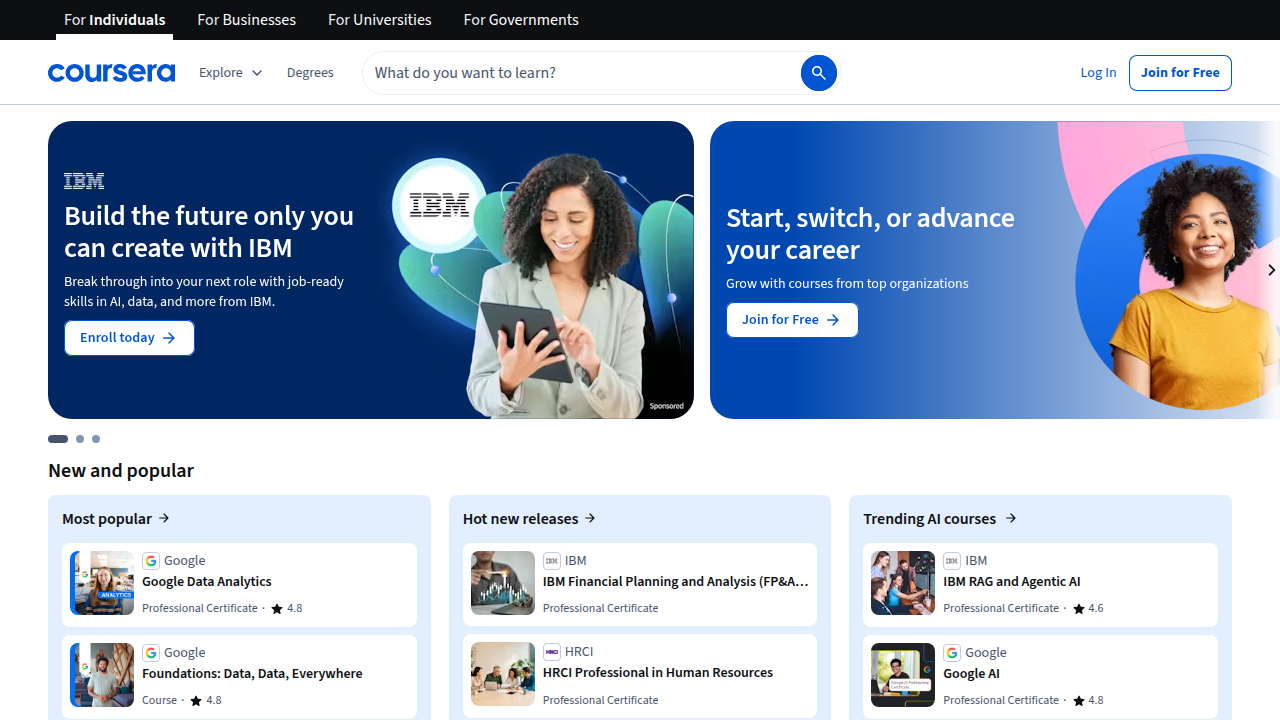 The Coursera homepage, a platform offering various data science certifications from reputable institutions.